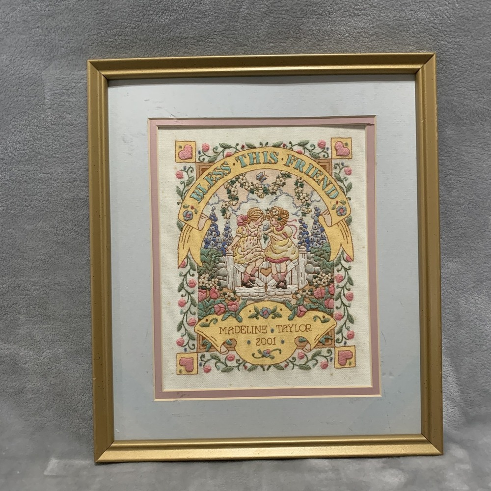 Vtg Bucilla 42533 Framed Cross Stitch Embroidery "Bless This Friend" 2001 Flaw